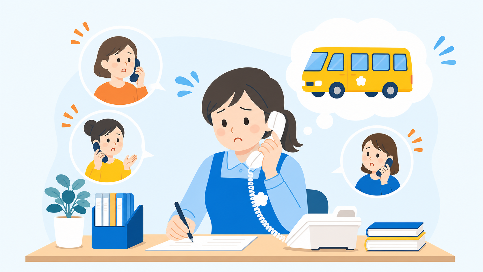 保護者からの電話対応に追われる職員のイラスト